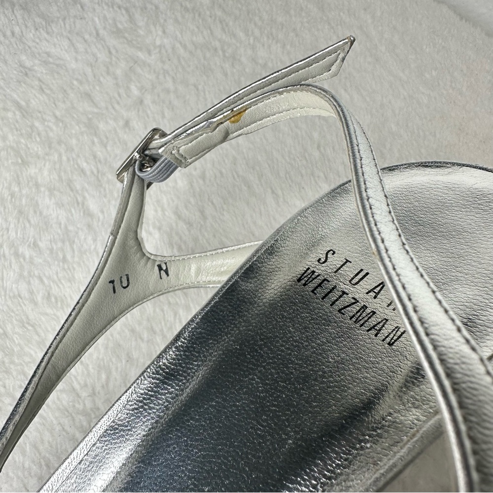 Stuart Weitzman Made in Spain  Silver Satin Strappy Leather Sole Heels Size 10 - Picture 6 of 15